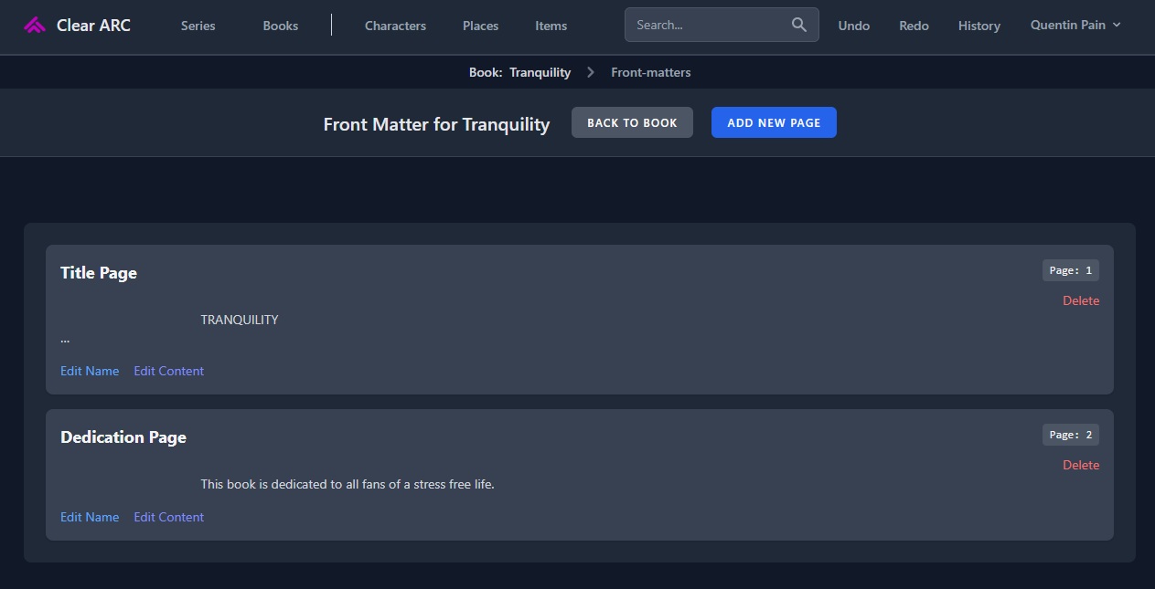 Add front and back matter pages